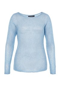 Světle modrý svetr s dlouhým rukávem, pletený, s kulatým výstřihem, poloprůhlednou texturou a přiléhavým střihem.