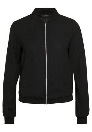Black zip-up bomber jacket with ribbed collar, cuffs, and waistband, featuring long sleeves and a smooth front zipper closure.