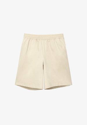 Beige shorts lavet af tekstureret stof, med elastisk talje og løs pasform, lige benåbninger og ingen synlige udsmykninger.