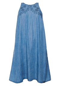 Vestido de mezclilla sin mangas en azul claro con bordado floral en el escote, un corte holgado y con dobladillo redondeado.