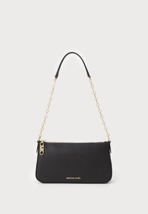 Black leather shoulder bag with a gold chain strap, zip closure, and logo detail on the front. Smooth texture with a minimalist design.