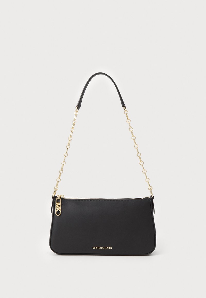 Black leather shoulder bag with a gold chain strap, zip closure, and logo detail on the front. Smooth texture with a minimalist design.