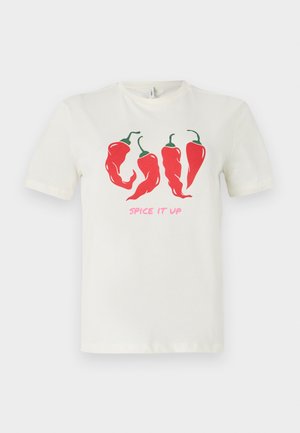 T-shirt in cotone color crema con una grafica di tre peperoncini rossi e la scritta "SPICE IT UP" in rosa sotto il design.