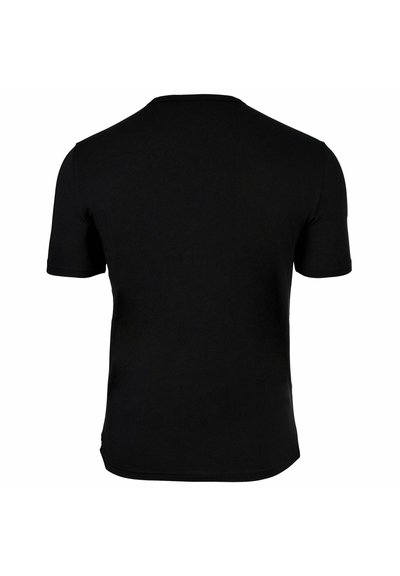 T-shirt nero a maniche corte con scollatura rotonda e texture liscia; la vista dal retro mostra un design semplice e senza cuciture.