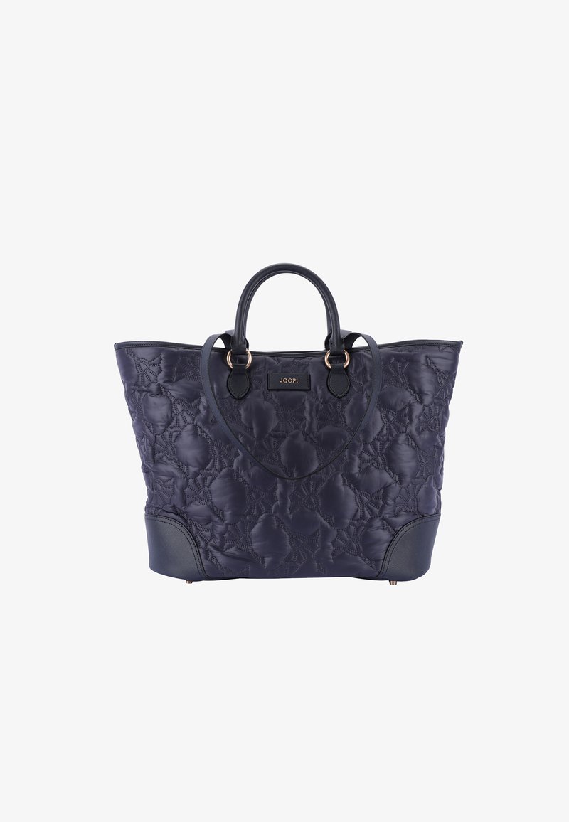 Laivaston sininen tikkikassi, jossa on teksturoitu kukkakuosi, nahkaosuudet, kaksinkertaiset kahvat ja logotägi etupuolella. Tilava muotoilu, jossa on leveä avaus.