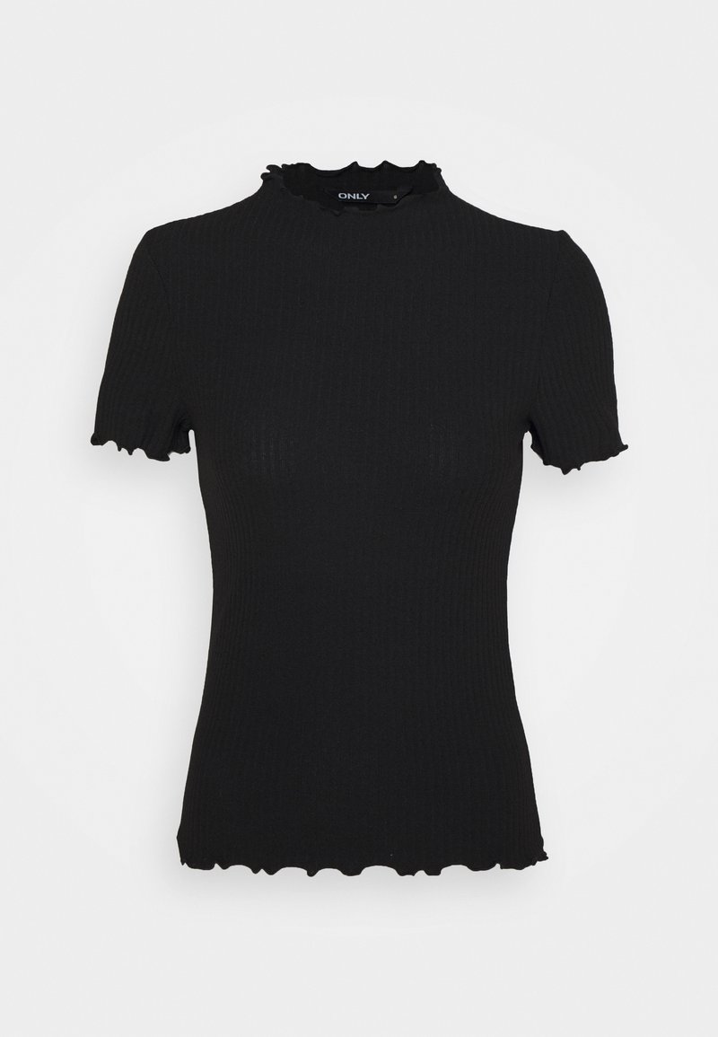Haut noir à manches courtes en tricot côtelé avec bords froncés au col, aux manches et à l'ourlet, présentant une silhouette ajustée.