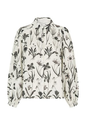 Blouse blanche à manches longues avec boutons, imprimé floral et botanique noir, et poignets élastiqués.