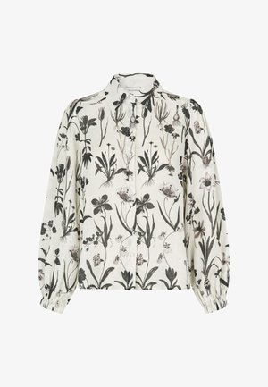 Weiße Bluse mit langen Ärmeln, Knopfleiste, schwarzem Blumen- und Pflanzenmuster sowie elastischen Bündchen.