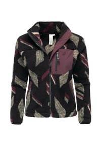 Fleecejacke mit schwarzem Grund, verziert mit einem geometrischen Muster in gedecktem Rot, Beige und Türkis. Enthält eine Reißverschlusstasche und einen hohen Kragen.
