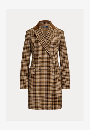 Dvigubo užsegimo paltas rudu ir pilkšvu šuns dantų raštu, su zomšo apykakle, dviem priekinėm kišenėm ir tekstūruotu vilnos audiniu.