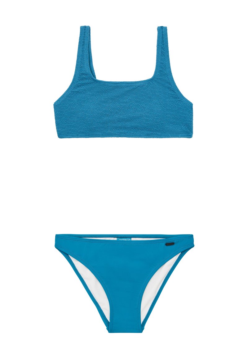 Tyrkysový bikinový set s texturovaným topem na čtvercovém výstřihu a klasicky střiženými spodními díly s bílým podšívkou. Hladká látka se středním strečem.