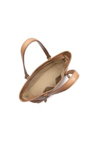 Sac à main en cuir marron avec deux poignées, une fermeture éclair, et un intérieur beige comportant plusieurs poches pour l'organisation.