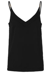 Black camisole top with adjustable straps, V-neckline, smooth fabric, and a relaxed fit. Features a simple design without patterns or embellishments.