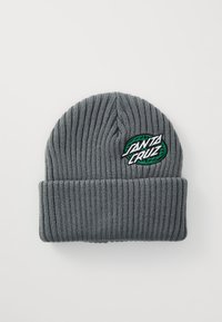 Gray ribbed knit beanie with a turned-up cuff features a colorful embroidered "Santa Cruz" logo and a green geometric design accent.