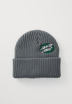 Gray ribbed knit beanie with a turned-up cuff features a colorful embroidered "Santa Cruz" logo and a green geometric design accent.