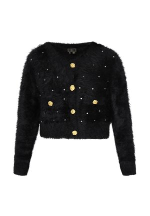 Schwarze Kunstpelz, kurz geschnittene Strickjacke mit runden goldenen Knöpfen und verstreuten Strassakzenten. Lange Ärmel und runder Halsausschnitt.