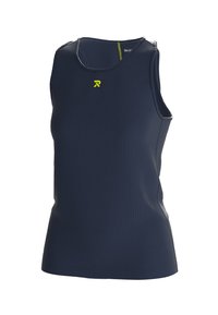 Navy athletic tank top made of ribbed fabric. Features a round neck, sleeveless design, and a small yellow logo on the front.