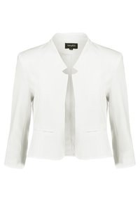 Veste blanche cintrée avec un col châle, des manches trois-quarts et deux poches avant. Tissu lisse avec une coupe structurée.