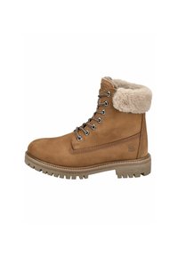 Hellbraune Leder-Schnürstiefel mit pelzbesetztem Schaft, robuster Sohle, Metall-Ösen und strukturiertem Seitenpaneel.