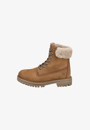 Hellbraune Leder-Schnürstiefel mit pelzbesetztem Schaft, robuster Sohle, Metall-Ösen und strukturiertem Seitenpaneel.