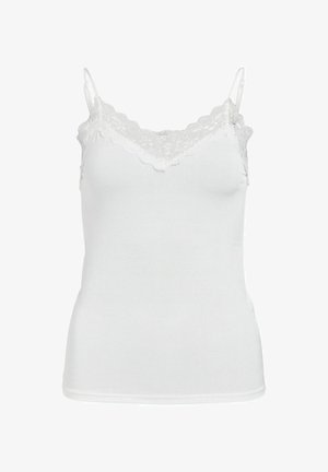 Valge kampsun õrna pitsreebiga kaeluses, õhukeste reguleeritavate rihmadega ja sobiva disainiga. Sile, veniv kangast tekstuur.