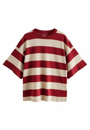 T-shirt à manches courtes rayé rouge et crème en coton doux, avec une coupe décontractée et des manches larges. Il dispose d'un col rond.