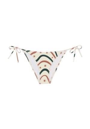 Parte inferior de bikini crema con lazos laterales, con un patrón ondulado en verde oscuro, óxido y formas de explosión estelar.
