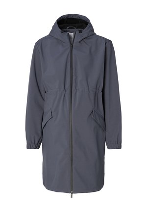 Mørkegrå zip-up jakke med hætte, elastiske manchetter og to sidelommer; lavet af vandafvisende materiale med en glat tekstur.
