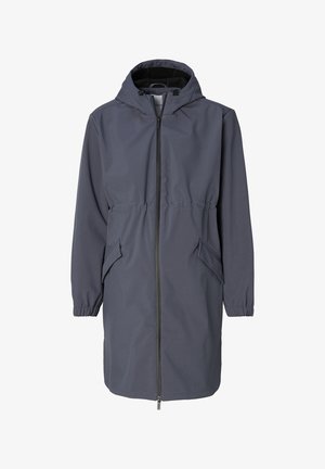 Dark gray zip-up jacket with a hood, elastic cuffs, and two side pockets; made of water-resistant material with a smooth texture.