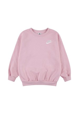 Felpa Nike rosa a maniche lunghe con polsini, orlo e colletto a coste, dotata di un piccolo logo Nike bianco sul lato sinistro del petto.