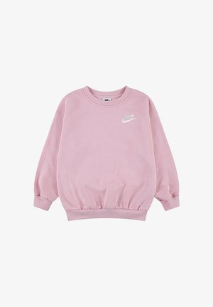 Felpa Nike rosa a maniche lunghe con polsini, orlo e colletto a coste, dotata di un piccolo logo Nike bianco sul lato sinistro del petto.