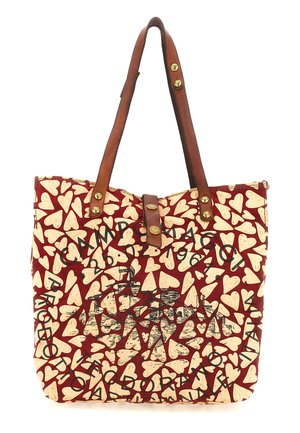 Borsa a tracolla con manici in pelle marrone, chiusura e tessuto rosso decorato con cuori crema e un motivo testuale circolare nero.