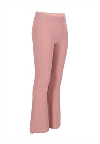 Pantaloni a campana rosa a coste con un ampio elastico in vita e fessure laterali all'orlo, realizzati in un tessuto morbido e elastico.