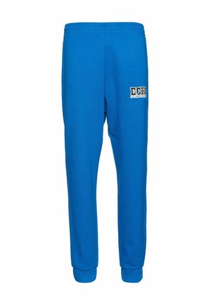 Blå bomullssweatpants med innsvingt bendesign, elastisk midje og en hvit logo som sier "ECKO" på venstre lår. Glatt tekstur.