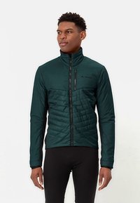Dark green insulated jacket with a quilted front, high collar, and zippered pockets. Features black accents and a sleek, fitted design.