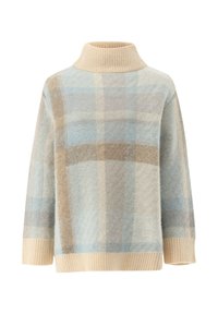 Hellblau, sandfarben und cremefarbene kariertes Rollkragenpullover aus weichem Strickstoff. Verfügt über einen hohen Kragen und gerippte Bündchen. Boxy-Schnitt.