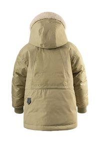 Giacca trapuntata beige con foderatura del cappuccio soffice, polsini a coste e una tasca con zip nella parte bassa. Presenta una patch con il logo sul retro.