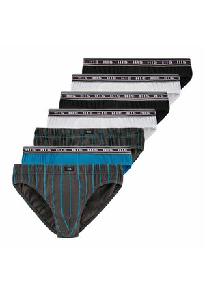 Seven pairs of men's briefs in various colors: black, white, gray, and blue. Each features an elastic waistband with "HIS" branding and different patterns.