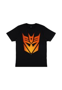 Černé tričko s velkým oranžovo-žlutým přechodovým grafickým designem stylizované tváře na přední straně. Kružkový výstřih, krátké rukávy.