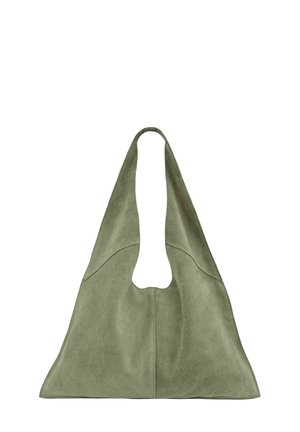 Sac cabas en daim vert olive doux avec de larges bretelles et une forme triangulaire minimaliste.