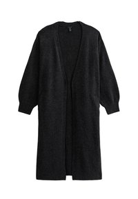 Cardigan long en tricot gris foncé avec une coupe décontractée, devant ouvert et deux poches latérales. Texture douce et manches larges. Design minimaliste.