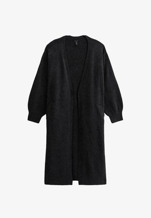 Cardigan long en tricot gris foncé avec une coupe décontractée, devant ouvert et deux poches latérales. Texture douce et manches larges. Design minimaliste.