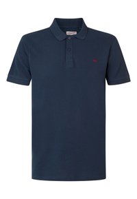 Marineblauwe polo shirt van katoen, met een twee-knopen knoopsluiting, korte mouwen en een klein rood logo op de linkerborst.