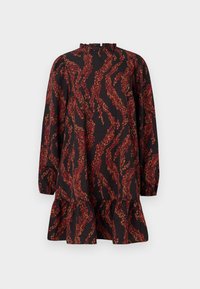 Black dress with long sleeves and a ruffled neckline, featuring an all-over red and orange leaf pattern, finished with a flared hem.