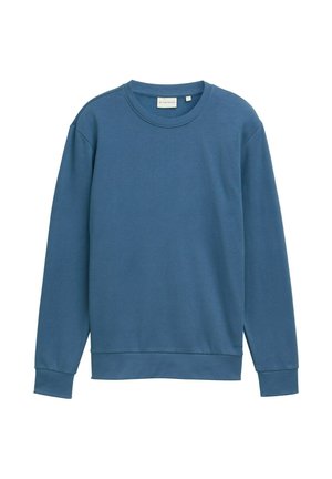 Felpa blu realizzata in tessuto morbido, caratterizzata da un collo rotondo, maniche lunghe e polsini a costine. Texture liscia con dettagli di cucitura minimi.