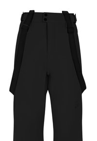 Pantalones impermeables negros con tirantes ajustables, que cuentan con dos botones en la cintura y una textura de tela suave y duradera.