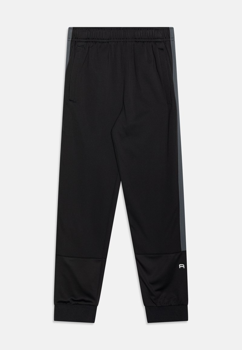 Pantalon de sport noir avec taille élastique, poches latérales, bandes latérales gris foncé et poignets élastiques, étalé à plat sur fond blanc.