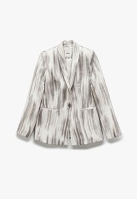 Blazer sur mesure blanc avec des rayures abstraites grises, présentant un bouton unique, des revers crantés et deux poches avant.