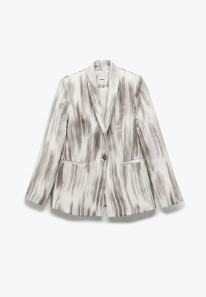 Op maat gemaakte blazer in het wit met grijze abstracte strepen, voorzien van een enkele knoop, gegoten revers en twee voorklauwen.