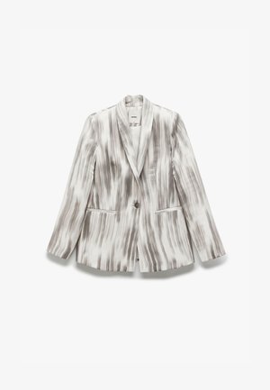 Skræddersyet blazer i hvid med grå abstrakte striber, der har en enkelt knap, spidse klapper og to forlommer.